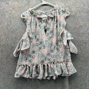 MISA Los Angeles Blouse Women Medium Pink Floral Ruffle Cold Shoulder Boho
